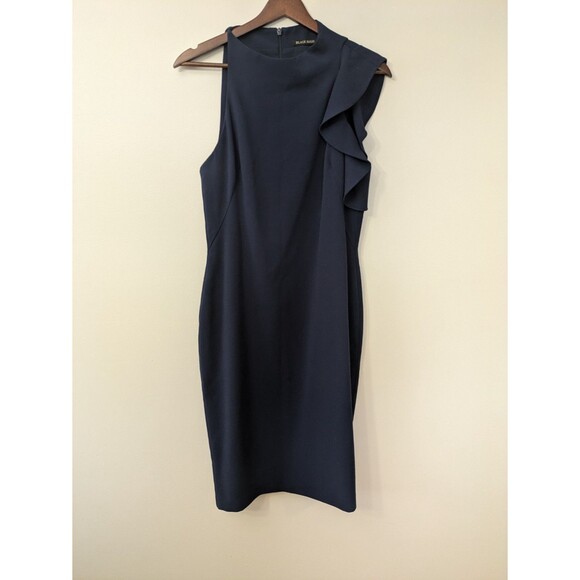 Black Halo Navy Blue Pabla Mock Neck Sheath Dress Ruffle Knee Length Size 8 $415 - Picture 1 of 16